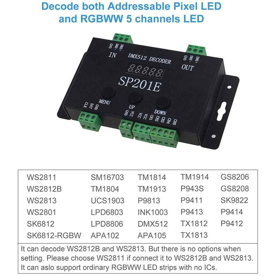 SP201E Addressable RGB Digital Pixel SPI Signal to DMX512 LED Decoder Controller Work With WS2811 WS2815 SK6812 LED Strip Lights SP201E Addressable RGB Digital Pixel SPI Signal to DMX512 LED Decoder Controller Work With WS2811 WS2815 SK6812 LED Strip Lights